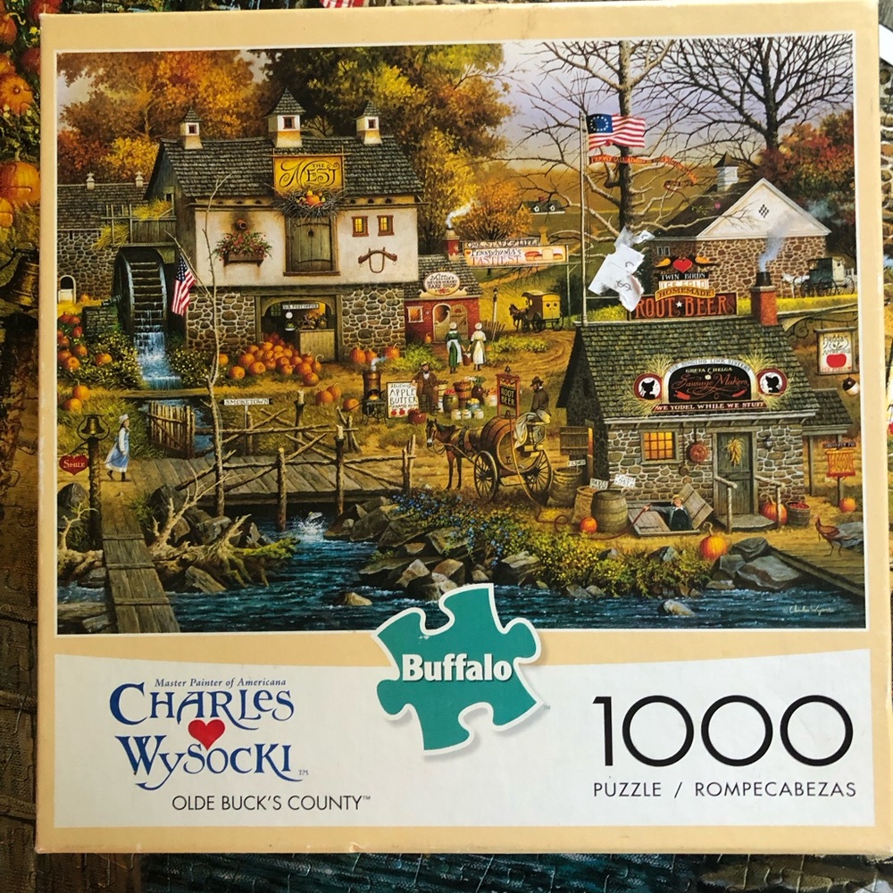 Charles Wysocki 1000 piece puzzle olde buck’s county autumn pumpkins cottages